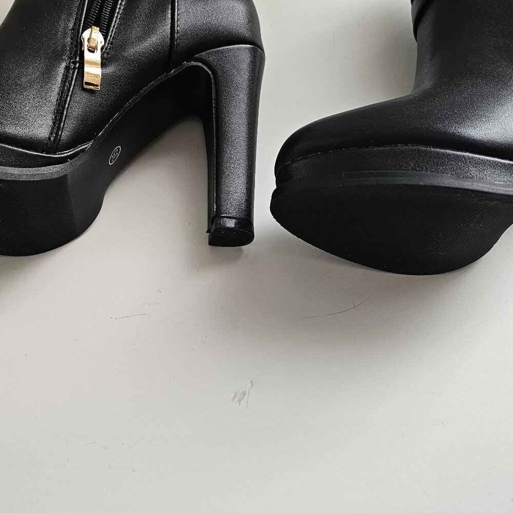 Black High-Heel Ankle Booties with Gold Buckle Accent - Picture 4 of 4